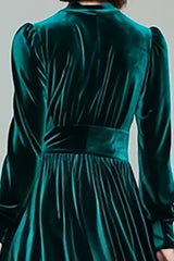 Peacock Green A-Line Velvet Holiday Party Dress With Long Sleeves