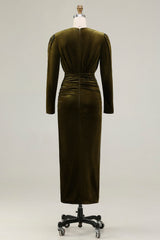 Olive Velvet Ruched Sheath Formal Dress with Long Sleeves
