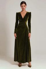 Velvet A-Line Olive V-Neck Formal Dress With Long Sleeves