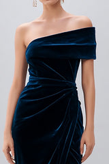 One Shoulder Navy Velvet Semi-Formal Dress With Slit