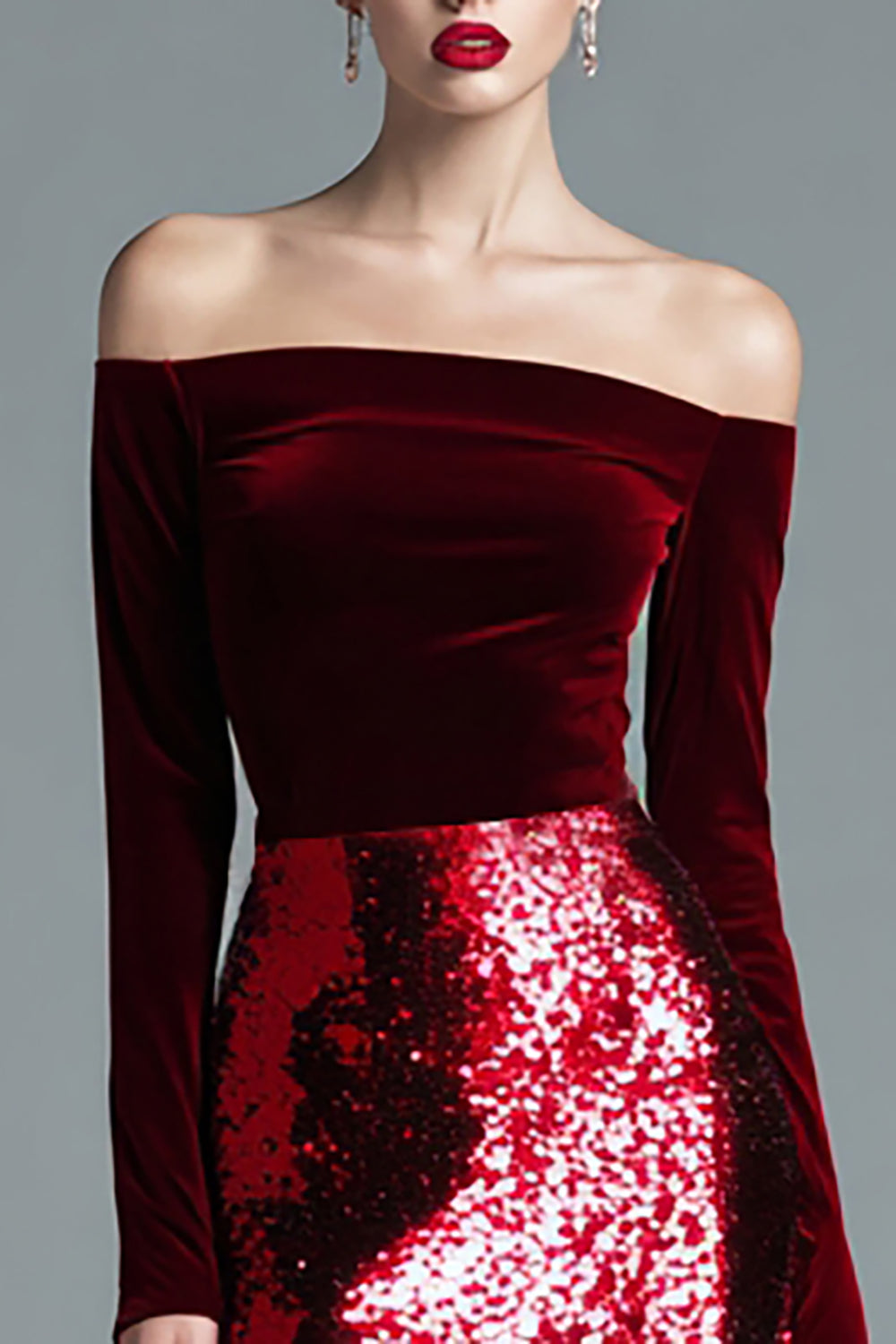 Burgundy Off The Shoulder Velvet Long Formal Dress With Sequins