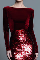 Navy Velvet Long Sleeve Bateau Neck Formal Dress With Sequins