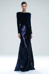 Navy Velvet Long Sleeve Bateau Neck Formal Dress With Sequins