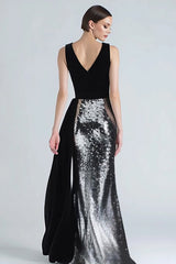 Sparkly Mermaid Black and Silver Velvet Formal Dress With Sash