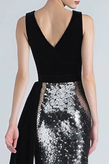 Sparkly Mermaid Black and Silver Velvet Formal Dress With Sash