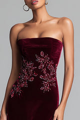 Burgundy Strapless Velvet Sheath Long Formal Dress