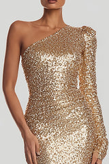 Sequin Gold One Shoulder Sheath Maxi Evening Dress