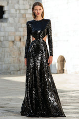 Sparkly Black A-Line Cut Out Long Sleeve Maxi Evening Dress