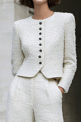 2 Piece Ivory Tweed Single Breasted Women Suits With Pockets