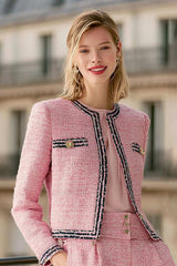 Pink Tweed 2 Piece Round Neck Women Suits With Pockets