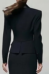 Black Peak Lapel Single Breasted 2 Piece Work Dress With Slit