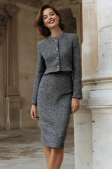 Grey Mix Tweed Pencil Single Breasted 2 Piece Midi Work Dress