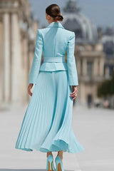 Light Blue Pleated A-Line Notched Lapel 2 Piece Work Dress With Belt