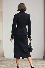 Black Notched Lapel 2 Piece Single Breasted Pencil Work Dress