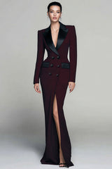 Burgundy Peak Lapel Double Breasted Blazer Dress With Slit