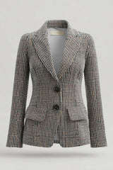 Grey Mix Peak Lapel Single Breasted Houndstooth Women Blazer