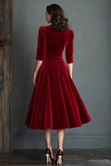Burgundy Velvet A-Line V-Neck Midi Dress with Half Sleeves