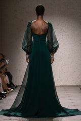 Dark Green A-Line Maxi Gala Dress With Puff Sleeves