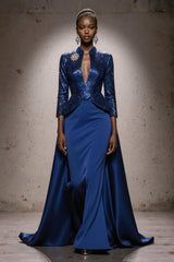 Sparkly Royal Blue Maxi Gala Dress With 3/4 Sleeves