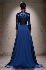 Sparkly Royal Blue Maxi Gala Dress With 3/4 Sleeves