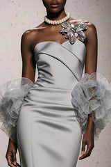 Silver Mermaid Satin Strapless Long Gala Dress