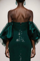 Sparkly Dark Green Strapless Mermaid Maxi Gala Dress With Puff Sleeves
