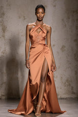 Halter Orange Beaded A-Line Satin Gala Dress With Slit