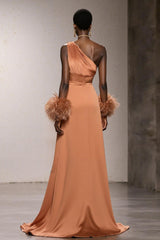 Orange One Shoulder A-Line Maxi Gala Dress With Feathers