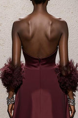 Burgundy A-Line Strapless Maxi Gala Dress (Without Feathers)