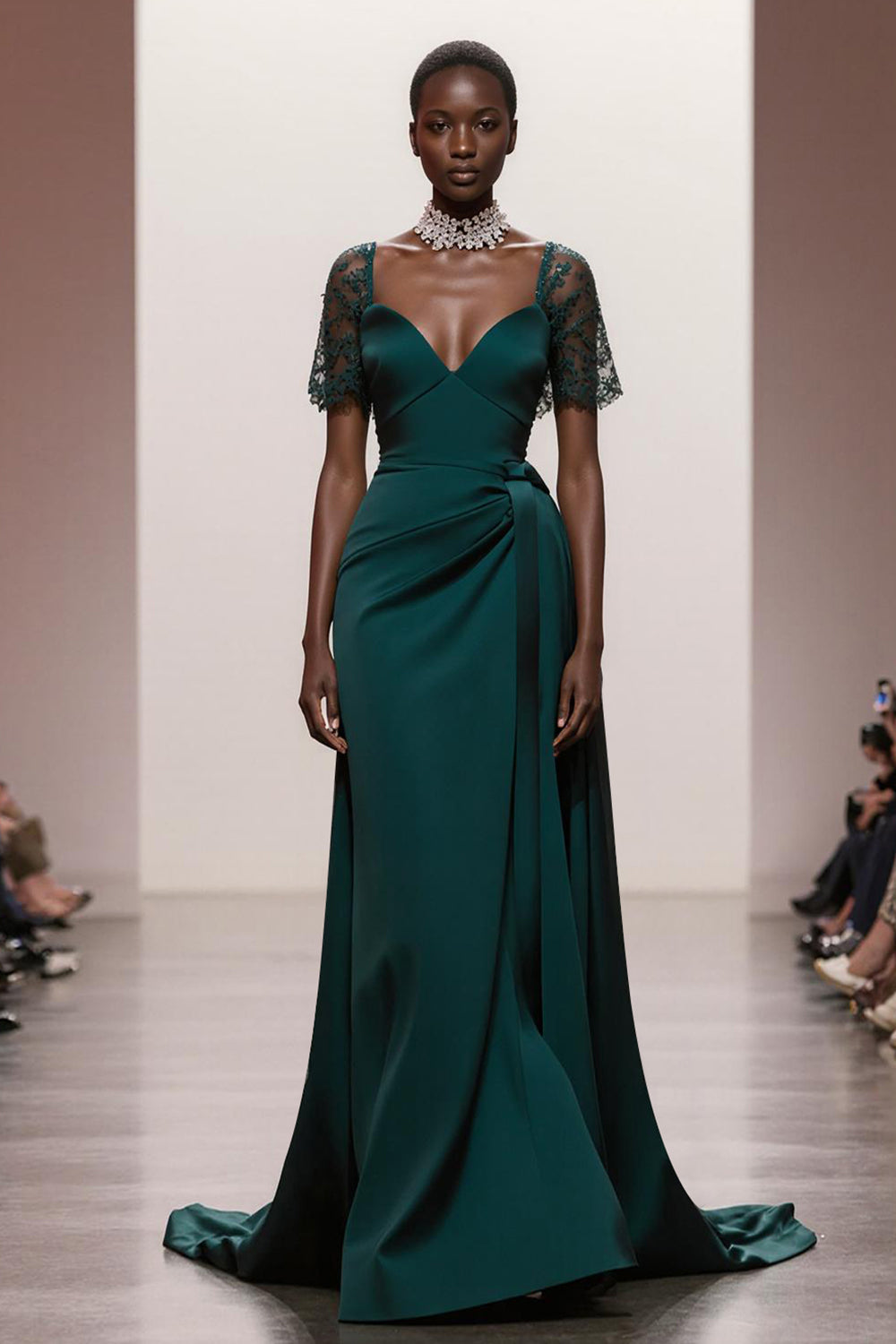 Dark Green V-Neck A-Line Satin Gala Dress With Sash