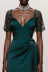 Dark Green V-Neck A-Line Satin Gala Dress With Sash