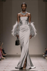 Strapless Mermaid Satin Silver Gala Dress (Without Feathers)