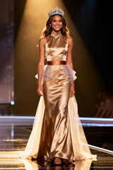 Champagne Mermaid Satin High Neck Maxi Pageant Dress