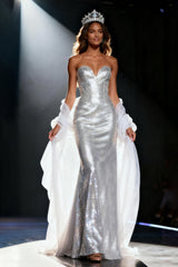 Silver Mermaid Sweetheart Sequined Maxi Pageant Dress with Drape