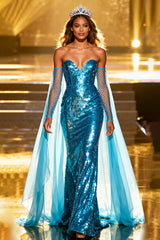 Blue Sequin Mermaid Sweetheart Maxi Pageant Dress With Overlay