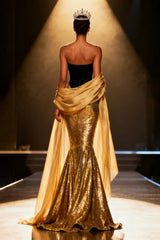 Gold Mermaid Strapless Sequin Maxi Pageant Dress With Drape