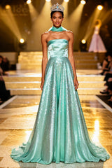 Mint Green Strapless A-Line Sequin Pageant Dress With Neck Sash