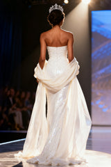 White Strapless Mermaid Sequin Maxi Pageant Dress With Drape