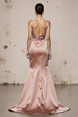Light Pink Satin Mermaid Long Evening Dress With Slit