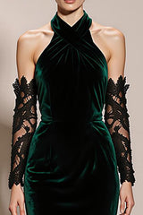 Dark Green Halter Velvet Mermaid Evening Dress (Without Sleeves)