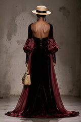 Burgundy Velvet Long Sleeve Evening Dress with Overlay