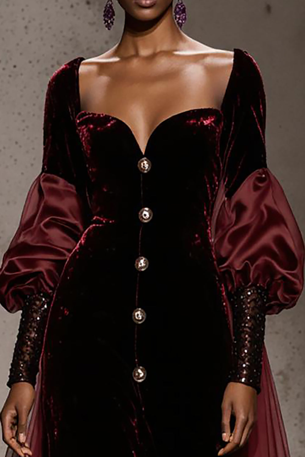 Burgundy Velvet Long Sleeve Evening Dress with Overlay
