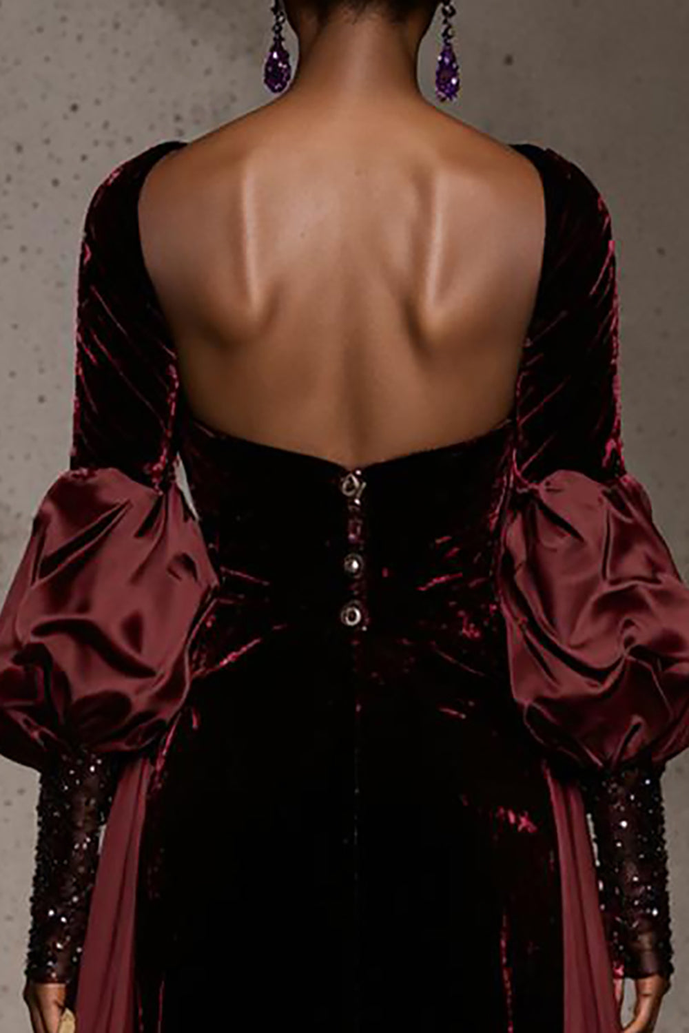 Burgundy Velvet Long Sleeve Evening Dress with Overlay