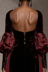 Burgundy Velvet Long Sleeve Evening Dress with Overlay