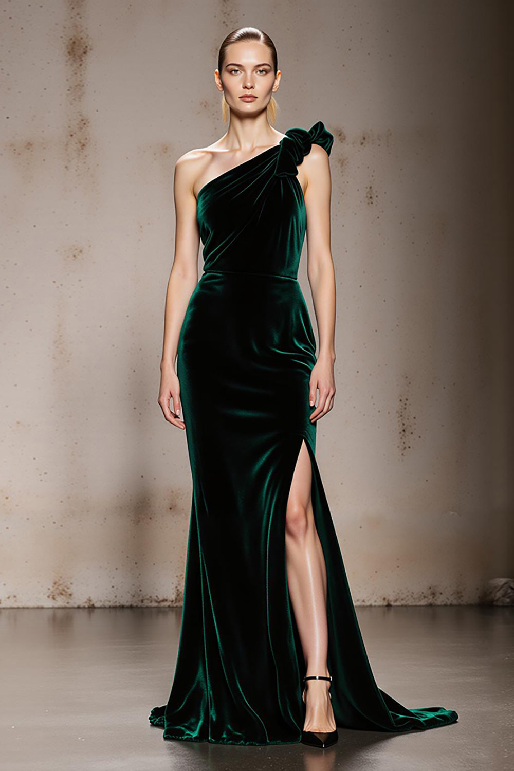 Mermaid One Shoulder Dark Green Velvet Evening Dress With Slit