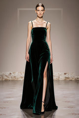 Velvet Dark Green A-Line Spaghetti Straps Evening Dress With Slit