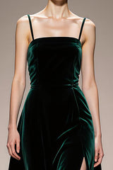 Velvet Dark Green A-Line Spaghetti Straps Evening Dress With Slit