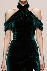 Dark Green Velvet Halter Maxi Evening Dress With Slit