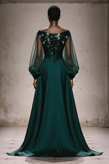 Dark Green A-Line Bateau Neck Evening Dress with Long Sleeves