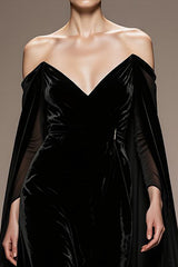 Black Off The Shoulder Velvet Evening Dress with Cloak